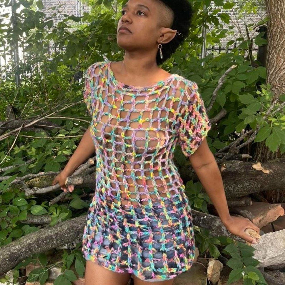 Crochet Rainbow Mini Dress Handmade Mesh Unisex Tank Top